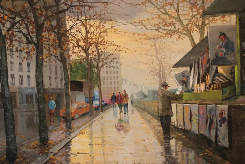 Pamono Antonio Rus, Paris Riverbank Street Scene, 21st Century, Oil on Canvas, Framed> Impressionist