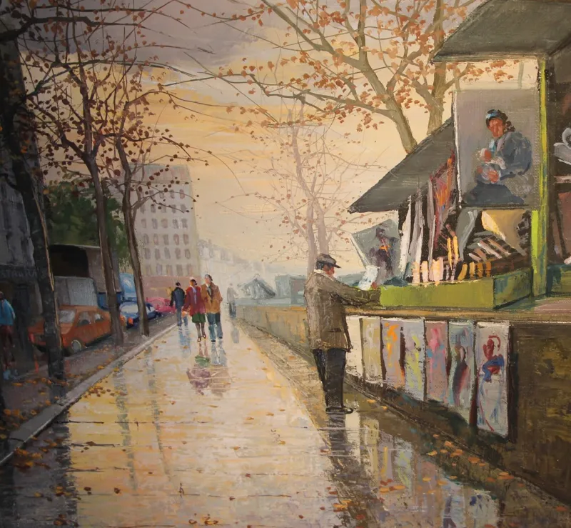 Pamono Antonio Rus, Paris Riverbank Street Scene, 21st Century, Oil on Canvas, Framed> Impressionist