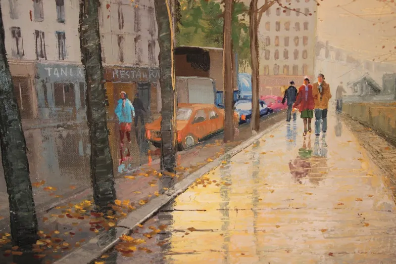 Pamono Antonio Rus, Paris Riverbank Street Scene, 21st Century, Oil on Canvas, Framed> Impressionist