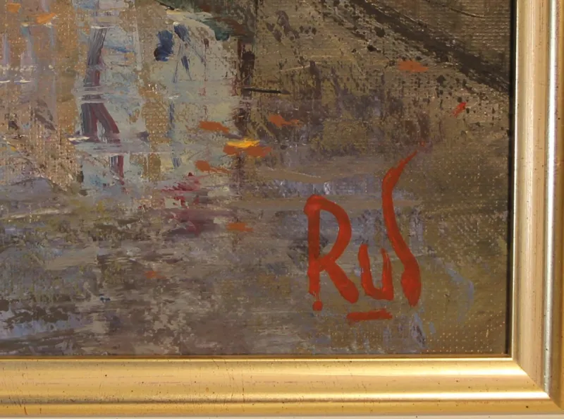 Pamono Antonio Rus, Paris Riverbank Street Scene, 21st Century, Oil on Canvas, Framed> Impressionist