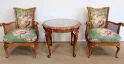 Pamono Armchairs and Chippendale Table in Solid Beech, 1950s, Set of 3> Living Room Sets