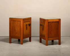 Clearance Pamono Art Deco Amsterdam School Nightstands in Oak and Glass, 1930s, Set of 2