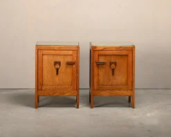 Clearance Pamono Art Deco Amsterdam School Nightstands in Oak and Glass, 1930s, Set of 2
