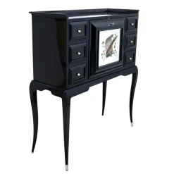 Pamono Art Deco Black Lacquer Secretaire with Etched Mirror><noscript><img width=
