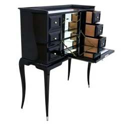 Pamono Art Deco Black Lacquer Secretaire with Etched Mirror><noscript><img width=