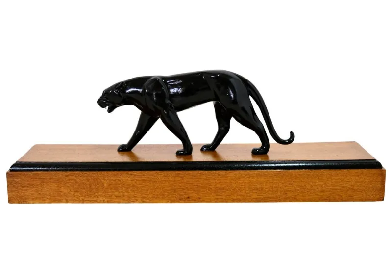 Pamono Art Deco Black Panther Sculpture on a Wooden Base, France, 1930s> Art Deco