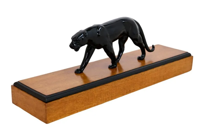 Pamono Art Deco Black Panther Sculpture on a Wooden Base, France, 1930s> Art Deco