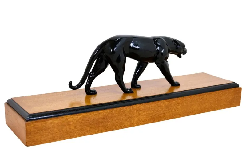 Pamono Art Deco Black Panther Sculpture on a Wooden Base, France, 1930s> Art Deco