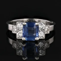Pamono Art Deco Blue Sapphire, Diamond & Platinum Ring><noscript><img width=