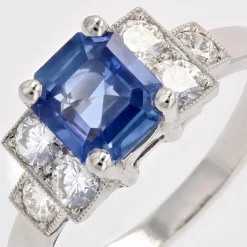 Pamono Art Deco Blue Sapphire, Diamond & Platinum Ring><noscript><img width=