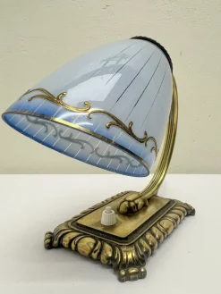 Pamono Art Deco Brass and Blue Glass Table Lamp, 1930s><noscript><img width=
