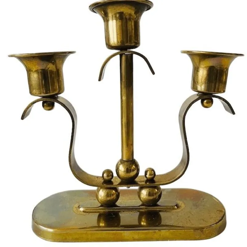 Pamono Art Deco Brass 3-Point Candlestick, 1920s> Candleholders