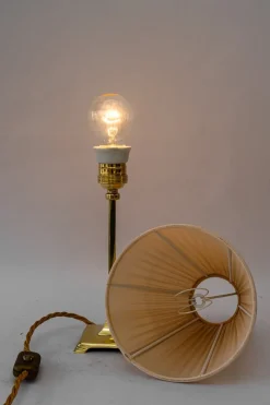 Clearance Pamono Art Deco Brass Table Lamp with Fabric Shade, Vienna, 1920s