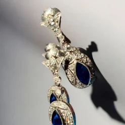 Clearance Pamono Art Deco Earrings with Blue Sapphires and Diamonds Mounted in Platinum, 1925, Set of 2