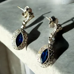 Clearance Pamono Art Deco Earrings with Blue Sapphires and Diamonds Mounted in Platinum, 1925, Set of 2