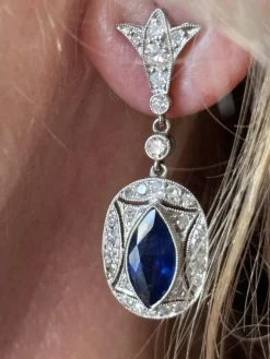 Clearance Pamono Art Deco Earrings with Blue Sapphires and Diamonds Mounted in Platinum, 1925, Set of 2
