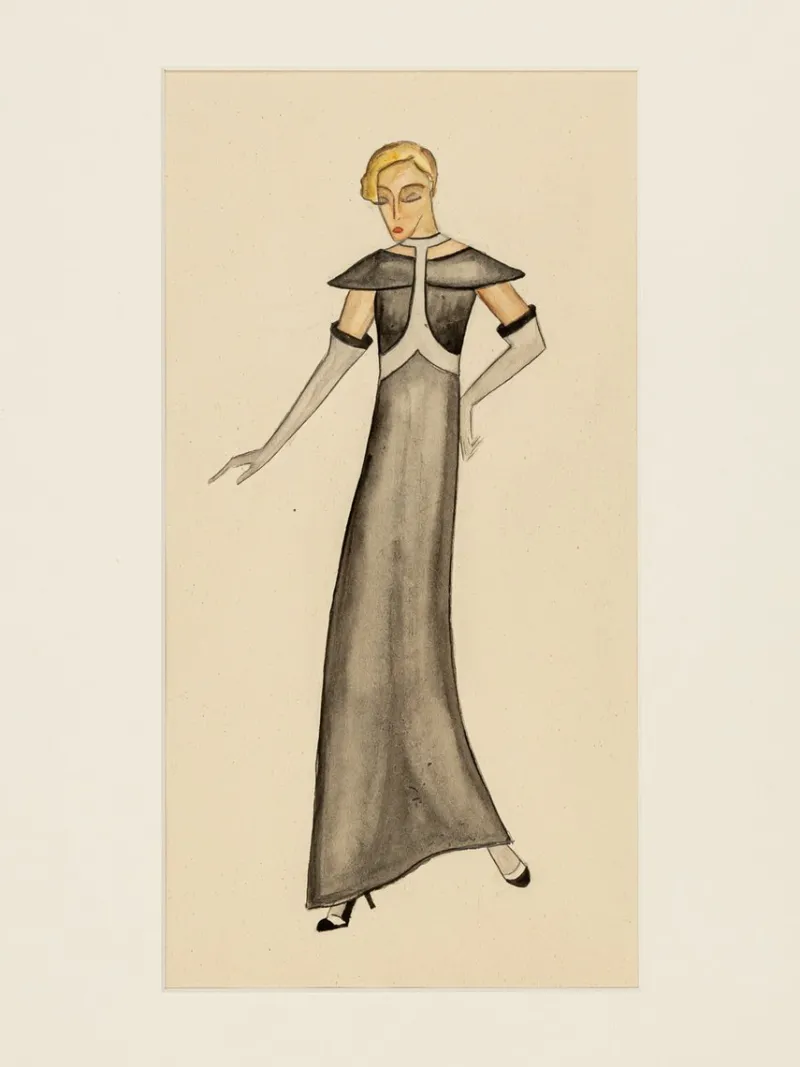 Pamono Art Deco Fashion Drawings IV, 1920s, Gouache on Paper, Framed, Set of 3> Art Deco