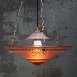 Pamono Art Deco French Brass and Etched Red Pink Glass Pendant Light, 1920s
