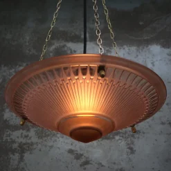 Pamono Art Deco French Brass and Etched Red Pink Glass Pendant Light, 1920s