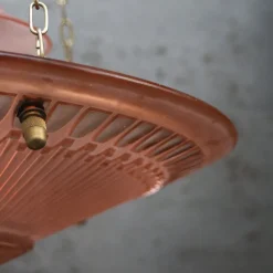 Pamono Art Deco French Brass and Etched Red Pink Glass Pendant Light, 1920s