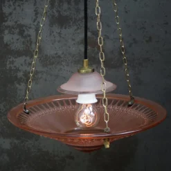 Pamono Art Deco French Brass and Etched Red Pink Glass Pendant Light, 1920s