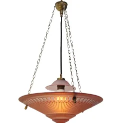 Pamono Art Deco French Brass and Etched Red Pink Glass Pendant Light, 1920s