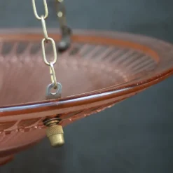 Pamono Art Deco French Brass and Etched Red Pink Glass Pendant Light, 1920s