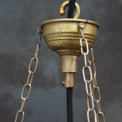 Pamono Art Deco French Brass and Etched Red Pink Glass Pendant Light, 1920s