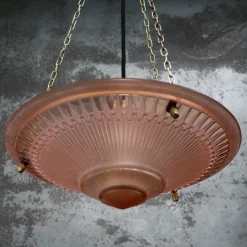 Pamono Art Deco French Brass and Etched Red Pink Glass Pendant Light, 1920s