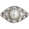 Pamono Art Deco French Cultured Pearl Diamonds Platinum Domed Ring, 1920s> Rings