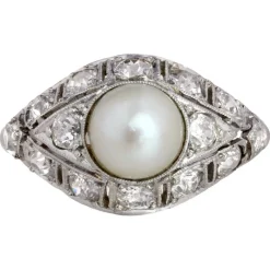 Pamono Art Deco French Cultured Pearl Diamonds Platinum Domed Ring, 1920s> Rings