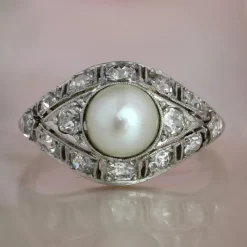 Pamono Art Deco French Cultured Pearl Diamonds Platinum Domed Ring, 1920s><noscript><img width=