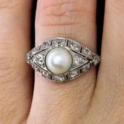Pamono Art Deco French Cultured Pearl Diamonds Platinum Domed Ring, 1920s><noscript><img width=