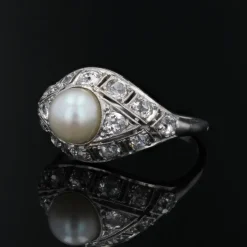 Pamono Art Deco French Cultured Pearl Diamonds Platinum Domed Ring, 1920s><noscript><img width=