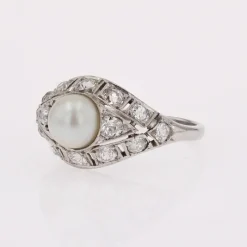 Pamono Art Deco French Cultured Pearl Diamonds Platinum Domed Ring, 1920s><noscript><img width=