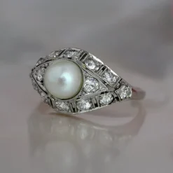 Pamono Art Deco French Cultured Pearl Diamonds Platinum Domed Ring, 1920s><noscript><img width=