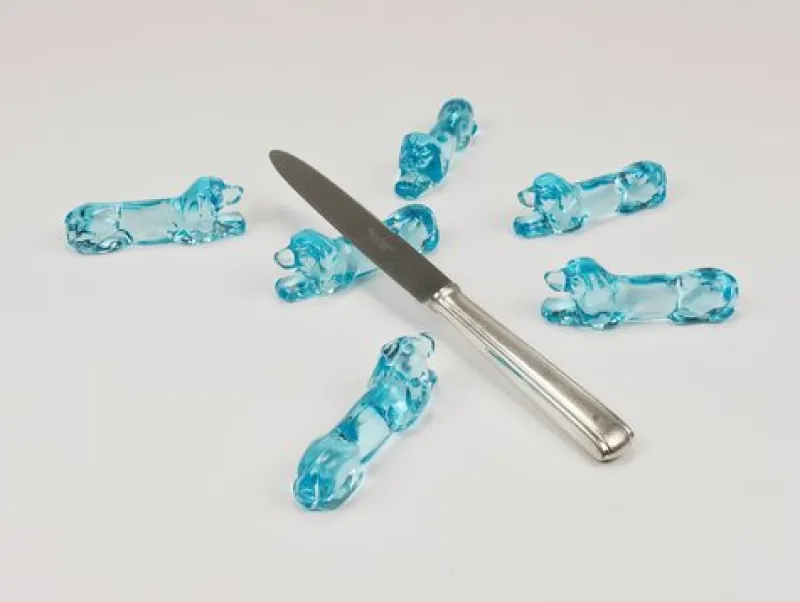 Online Pamono Art Deco French Dachshund Basset Hound Knife Rests in Light Blue Glass, 1930s, Set of 6