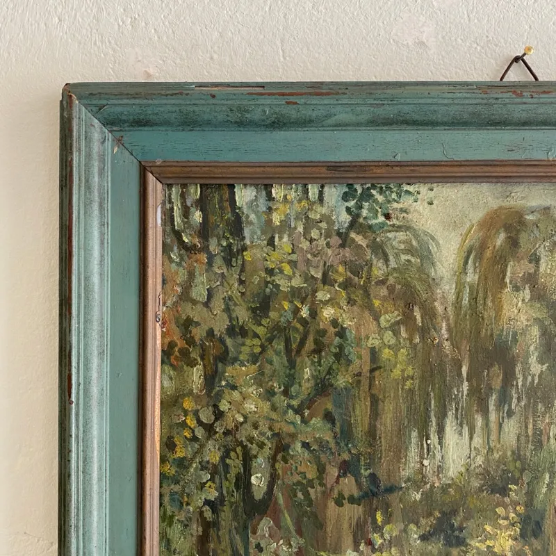 Pamono Art Deco German Landscape Painting, 1920s, Oil on Wood, Framed> Art Deco