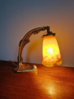 Pamono Art Deco Gilt Bronze and Marble Glass Desk Lamp from Muller Frères, 1920s