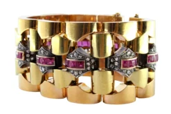Pamono Art Deco Gold Bracelet with Diamond Chips, Rubies and Silver-Plated Central Links> Bracelets