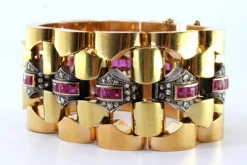 Pamono Art Deco Gold Bracelet with Diamond Chips, Rubies and Silver-Plated Central Links> Bracelets