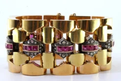 Pamono Art Deco Gold Bracelet with Diamond Chips, Rubies and Silver-Plated Central Links><noscript><img width=