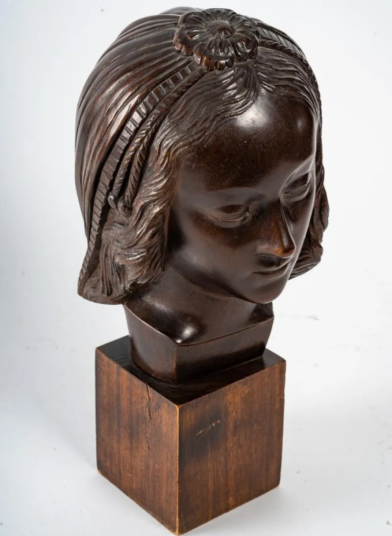 Best Pamono Art Deco Head of a Woman Wood Sculpture, 1930s