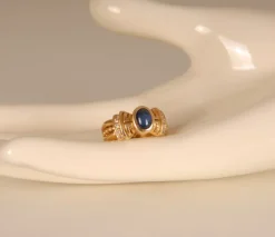 Pamono Art Deco 14K Yellow Gold Ring with Cabochon Cut Sapphire Style Stone and Brilliant Cut Crystals><noscript><img width=