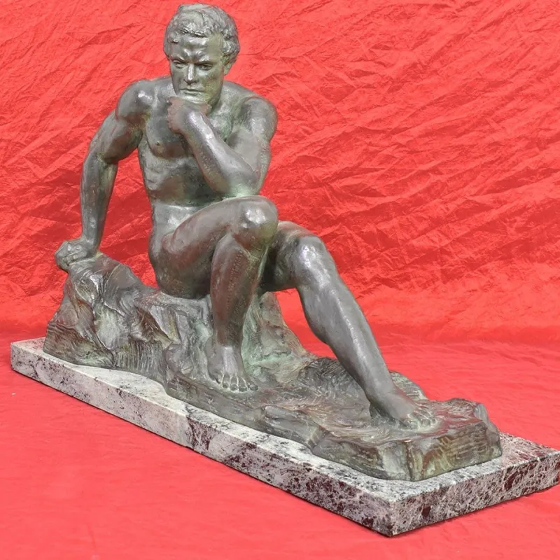 Pamono Art Deco Male Figure of Seated Man, 20th Century, Bronze> Art Deco