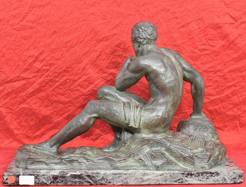 Pamono Art Deco Male Figure of Seated Man, 20th Century, Bronze> Art Deco