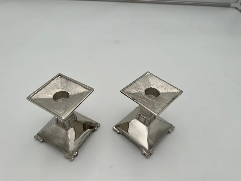 Pamono Art Deco Nickel-Plated Bronze Candlesticks, France, 1930, Set of 2> Candleholders