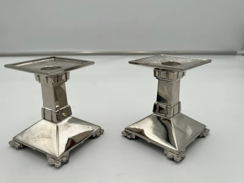 Pamono Art Deco Nickel-Plated Bronze Candlesticks, France, 1930, Set of 2> Candleholders