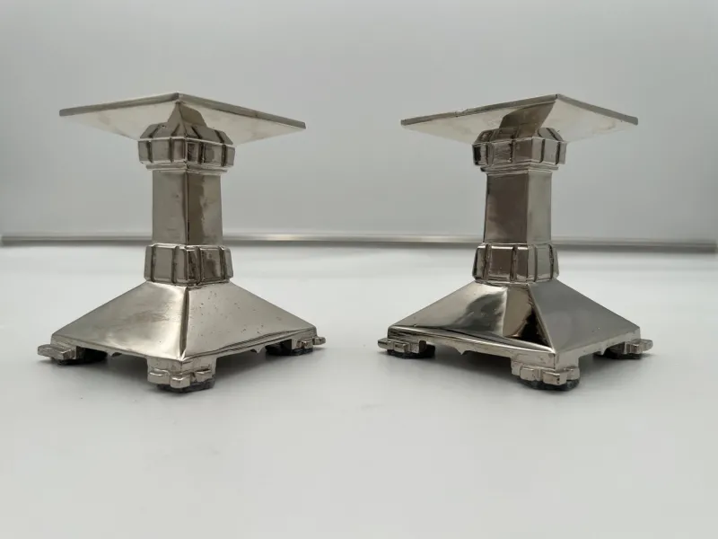Pamono Art Deco Nickel-Plated Bronze Candlesticks, France, 1930, Set of 2> Candleholders