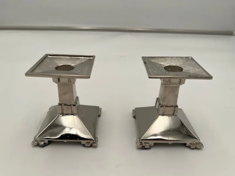Pamono Art Deco Nickel-Plated Bronze Candlesticks, France, 1930, Set of 2> Candleholders